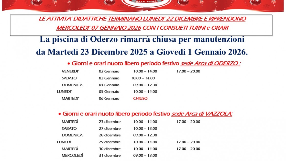Chiusura Natalizia e orari libero nuoto festività 25/26